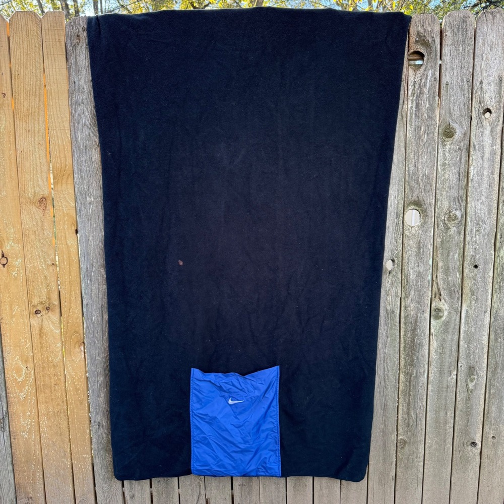 Vtg 90s Nike Black‎ Fleece Blanket Blue Pocket Swoosh Travel Camping Outdoor